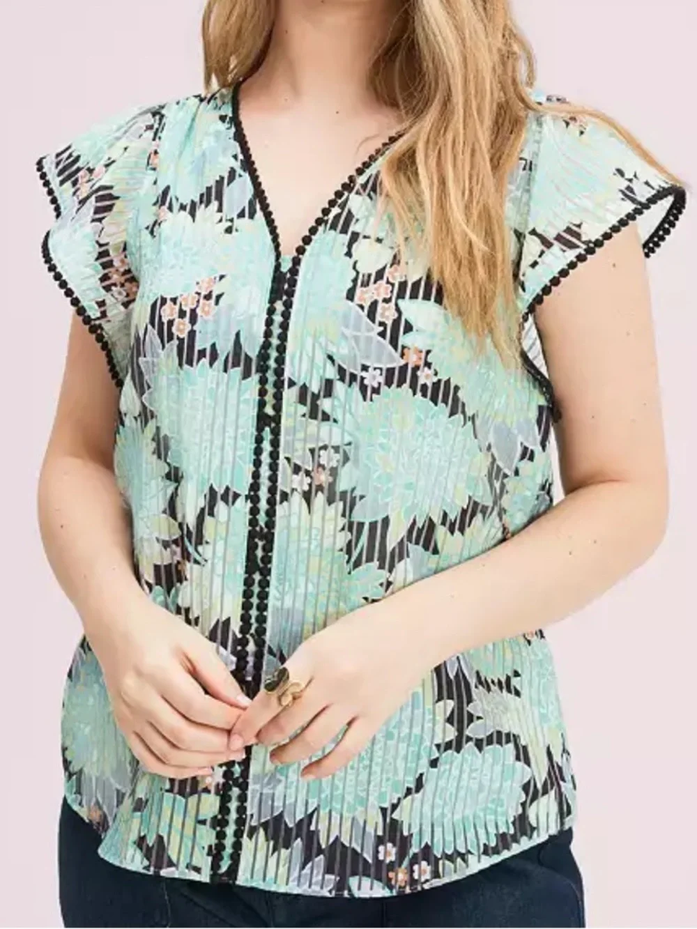 NWOT Kate Spade Dahlia Bloom Burnout Mint Floral Pleated V-Neck Small Top